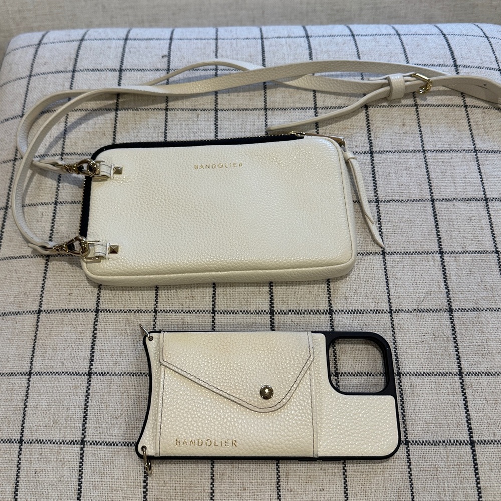 Bandolier Pebble leather expanded zip pouch winter white & gold